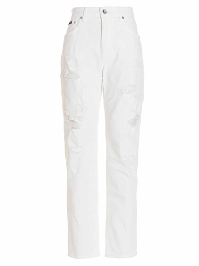 Dolce & Gabbana Logo Patch Distressed Effect Jeans In White