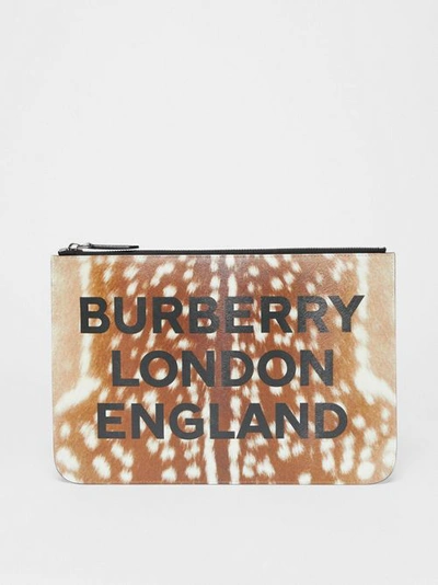 Burberry Deer Print Leather Zip Pouch In Tan