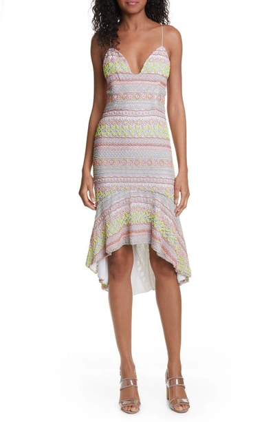 Alice And Olivia Amina All Over Embroidery Sweetheart Neck Cotton Dress In Off White Multi
