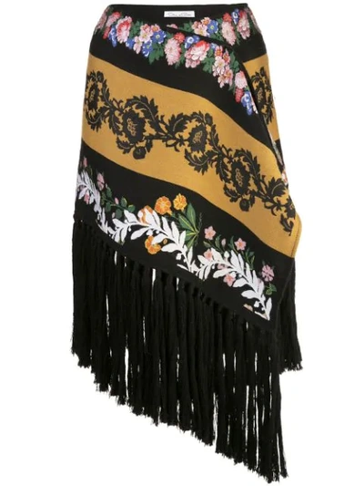 Oscar De La Renta Fringed Floral-embroidered Wool-blend Midi Skirt In Black Multi