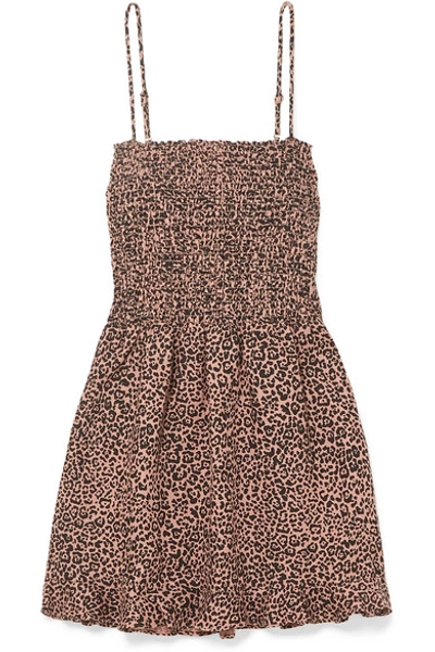 Reformation Rouen Shirred Leopard-print Linen Mini Dress In Leopard Print
