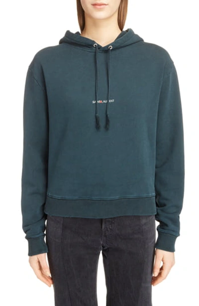 Saint Laurent Logo-embroidered Cotton Hoodie Sweatshirt In White/ Gree