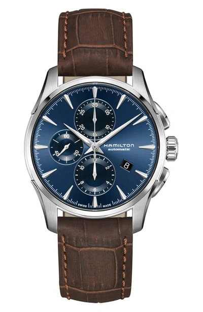 Hamilton Jazzmaster Multifunction Automatic Leather Strap Watch, 42mm In Brown/ Blue/ Silver