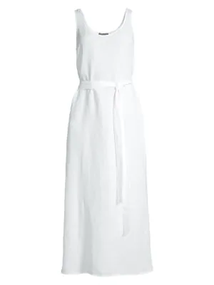 Eileen Fisher Tie Waist Sleeveless Linen Blend Midi Dress In White ...