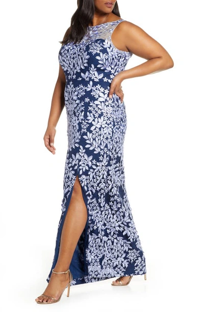 Js Collections Leaf Embroidered Gown In Periwinkle Navy