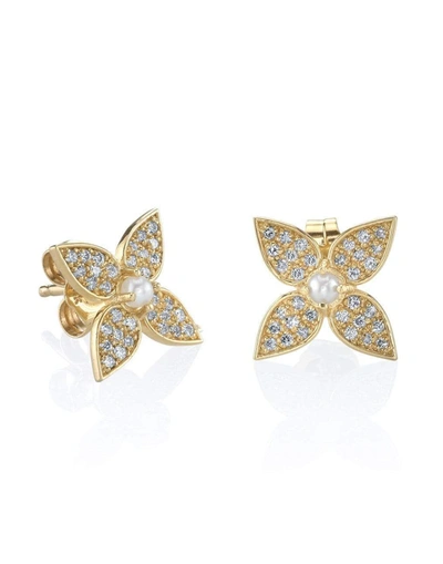 Sydney Evan Women's 14k Yellow Gold, 2.5mm White Pearl & Diamond Paisley Flower Stud Earrings