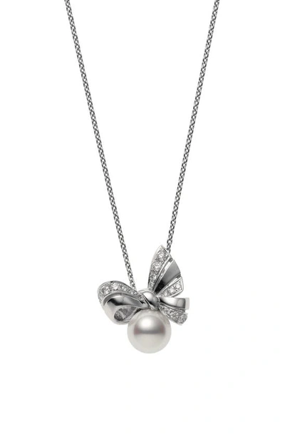 Mikimoto Ribbon Diamond & Pearl Pendant Necklace In White Gold/ Pearl