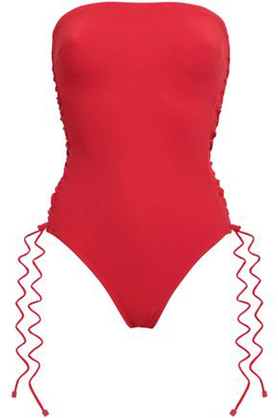Zimmermann Castille Strapless Lace-up Mesh-trimmed Swimsuit In Red