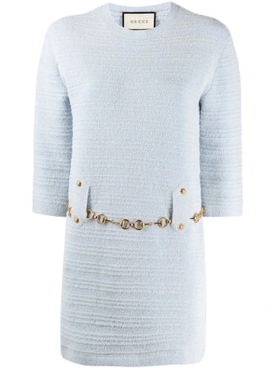 Gucci Half-sleeve Belted Knit Crewneck Dress In Blue