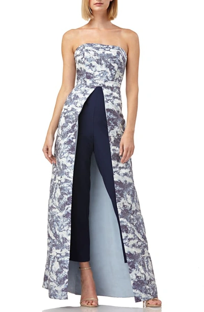Kay Unger Walk Thru Strapless Stretch Crepe Jumpsuit With Jacquard Overlay, Blue Multi
