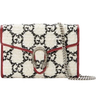 Gucci Dionysus Gg Tweed Wallet On Chain In Natural Black/ Romantic Cerise