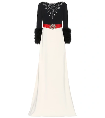 Gucci Crystal-embroidered Two-tone Feather Cuffed Gown In Multicoloured