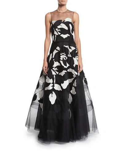 Ahluwalia Girona Floral-embroidered Tulle Illusion Gown In Black/white