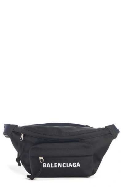 Balenciaga Wheel Small Nylon Logo Belt Bag In Black/ Navy Blue