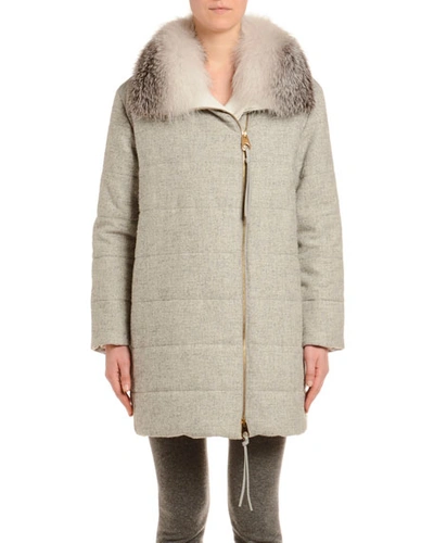Agnona Quilted Parka Coat With Fox-fur Trim In Gray