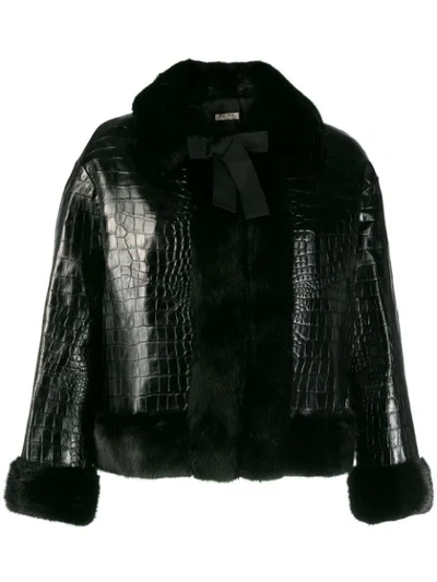 Miu Miu Mink Fur-trim Croc-stamped Leather Jacket In Black