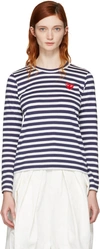 Comme Des Garçons Play Navy Long Sleeve Striped Heart Patch T-shirt