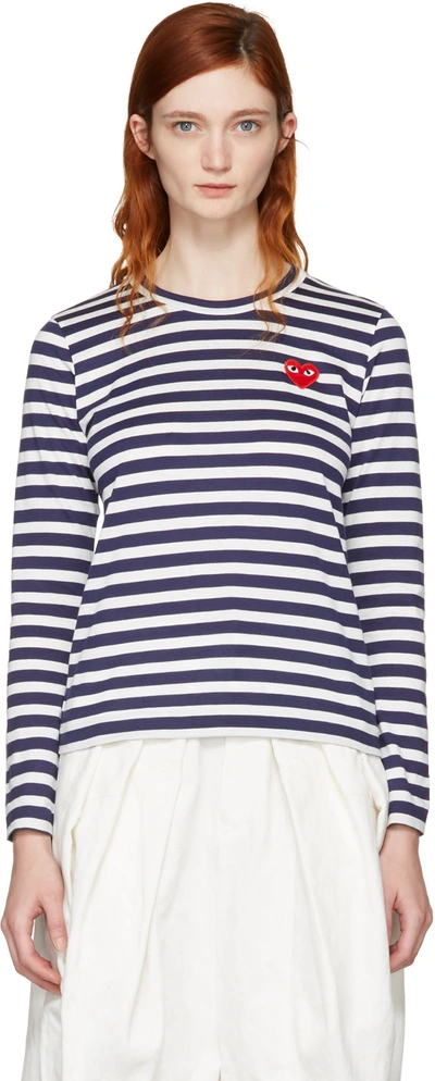 Comme Des Garçons Play Navy Long Sleeve Striped Heart Patch T-shirt