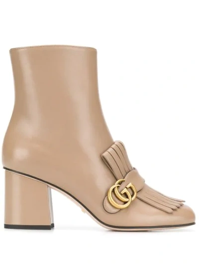 Gucci Gg Marmont Kiltie Fringe Leather Booties In Mud
