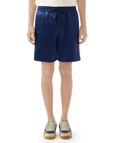 Gucci Men's Side-stripe Drawstring Satin Shorts In Blue