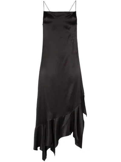 Marques' Almeida Asymmetric Frayed Silk-satin Midi Dress In Black