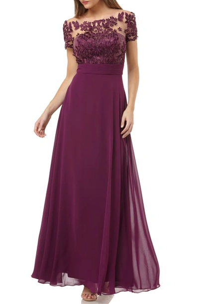 Js Collections Embroidered Illusion Bodice Gown In Plum