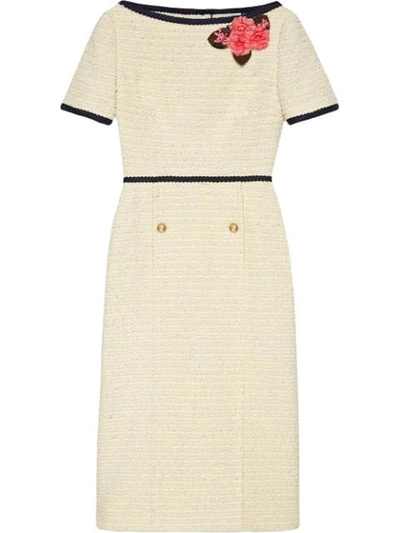 Gucci Floral Applique Boucle Tweed Midi Sheath Dress In White