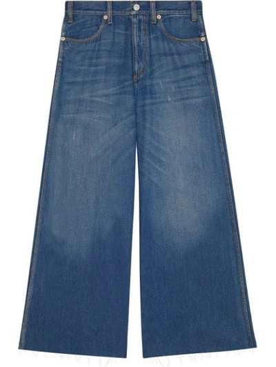 Gucci Patch Embellished Crop Wide Leg Jeans In Blue