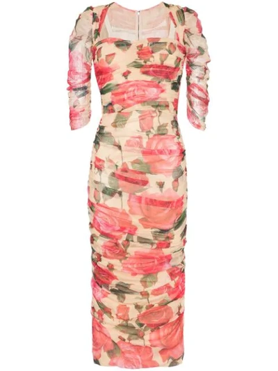 Dolce & Gabbana Floral Print Ruched Dress In Pink