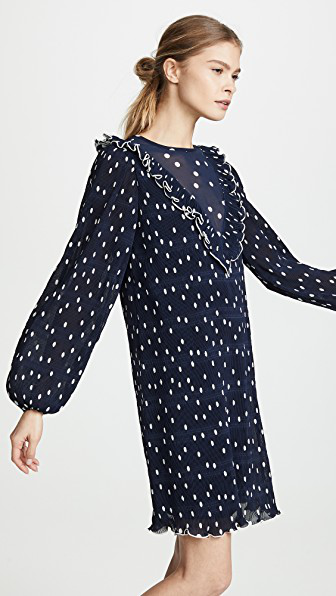 Ganni Dot-print Pleated Georgette Blouson-sleeve Ruffle Dress In ...