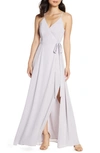 Wayf The Angelina Sleeveless Wrap Gown With Front Slit In Evening Haze