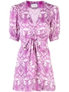 Alexis Printed V-neck Dress W/ Tie & Buttons In Purple