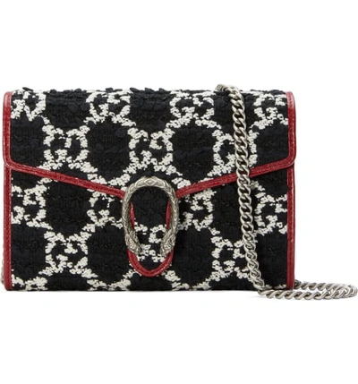 Gucci Dionysus Gg Tweed Wallet On Chain With Tiger Spur In Black Natural/ Romantic Cerise