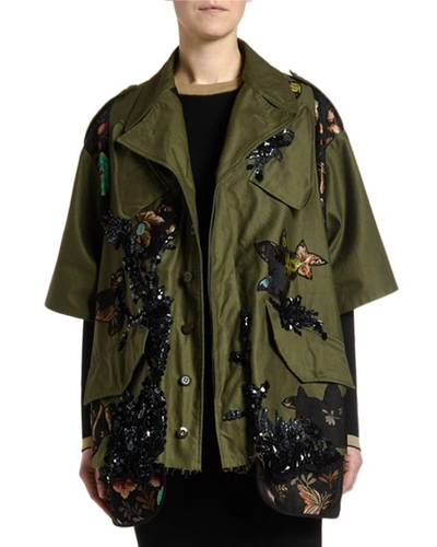 Antonio Marras Floral-trim Sequined Crop Jacket In Olive