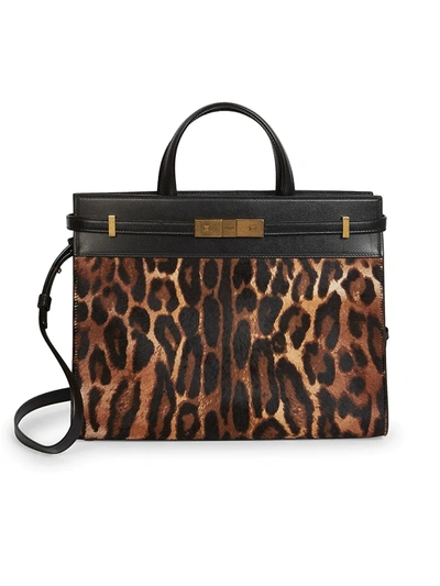 Saint Laurent Small Manhattan Leopard-print Calf Hair & Leather Satchel In Neutral