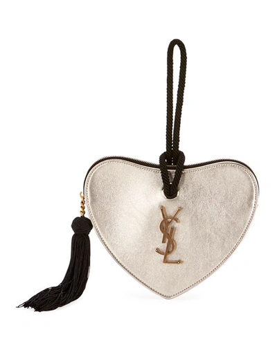Saint Laurent Sac Coeur Heart Calf Clutch Bag In Silver