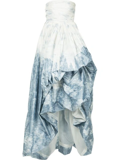 Oscar De La Renta Printed Strapless High Low Gown In Blue White