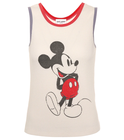 Saint Laurent Mickey Mouse Waffle-knit Cotton Tank Top In White