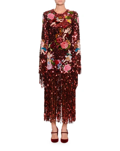 Dolce & Gabbana Long-sleeve Paillette Sequin Rose-patch Fringe-bottom Evening Dress