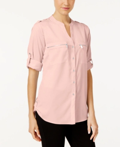 Calvin Klein Collection Zip Pocket Roll Sleeve Blouse In Blush