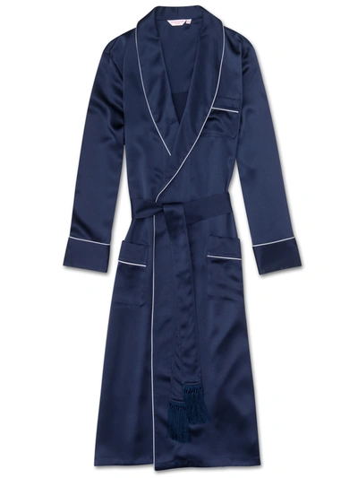 Derek Rose Men's Dressing Gown Bailey Silk Satin Navy In Blue