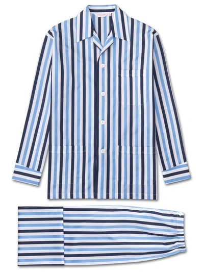 Derek Rose Men's Classic Fit Pyjamas Windsor 40 Cotton Satin Stripe Blue