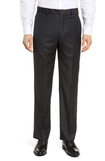 Zanella Todd Relaxed Fit Flat Front Solid Wool Dress Pants In Dark Grey