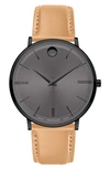 Movado Ultra Slim Leather Strap Watch, 40mm In Beige/ Grey/ Black