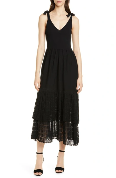 Rebecca Taylor Tie Shoulder Ribbed & Lace Dress In Black