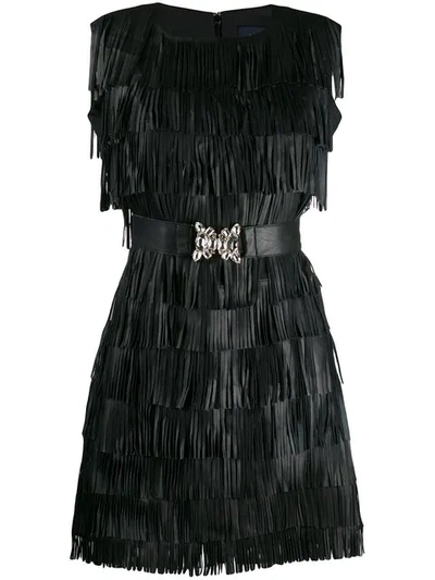 Cavalli Class Fringed Mini Dress In Black
