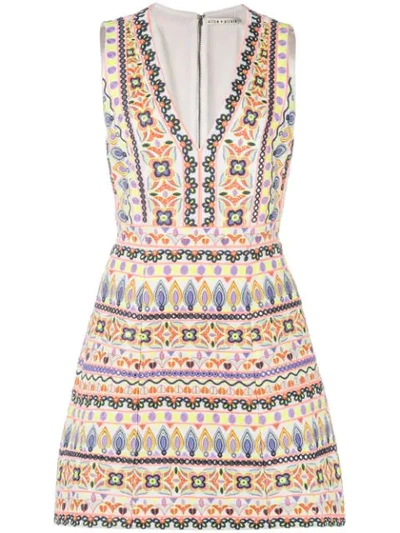 Alice And Olivia Patty Embroidered Low V-neck Lantern Dress In Multi-colour