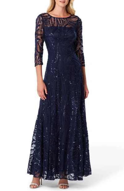 Tahari Sequin Embroidered A-line Gown In Navy