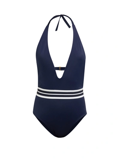 Odyssee Romain Striped-waist Halterneck Swimsuit In Navy