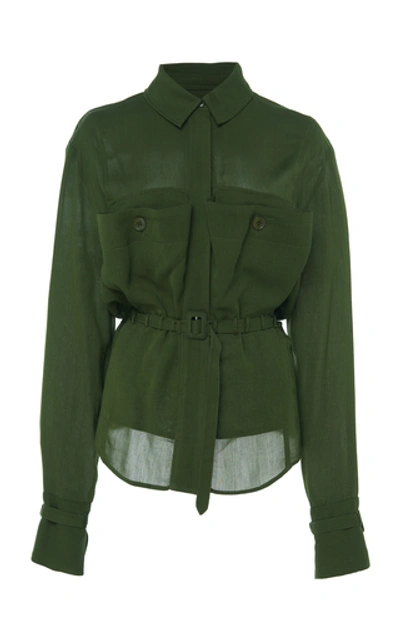 Jacquemus La Chemise Enna Belted Cotton-voile Shirt In Green